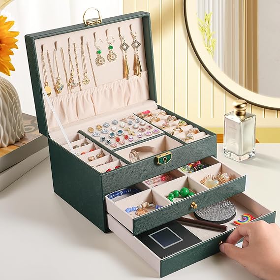 3 Layer Jewelry Box, Lockable Jewelry Holder Organizer with Jewelry Drawer, Large Jewelry Boxes & Organizer with Velvet Earring Storage, Unique Gifts for Women Mom_7_image