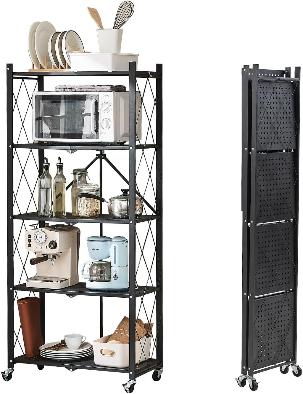BRIAN & DANY 5-Tier Foldable Storage Shelves with Wheels, Folding Metal Rack Shelving Unit, Heavy Duty No Assembly Organizer Shelf for Garage, Kitchen, Basement, Pantry, Black_3_image