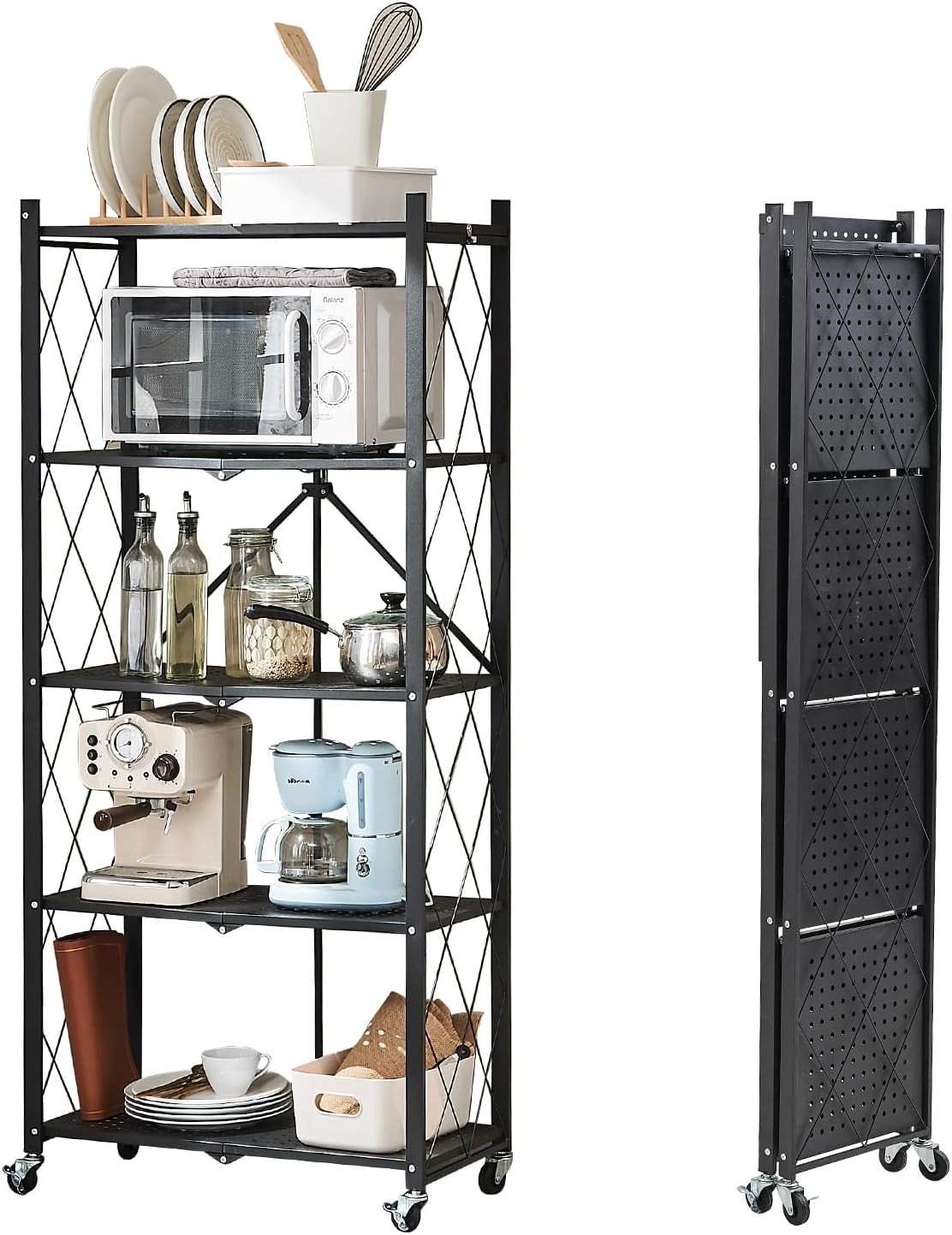 BRIAN & DANY 5-Tier Foldable Storage Shelves with Wheels, Folding Metal Rack Shelving Unit, Heavy Duty No Assembly Organizer Shelf for Garage, Kitchen, Basement, Pantry, Black_3_image