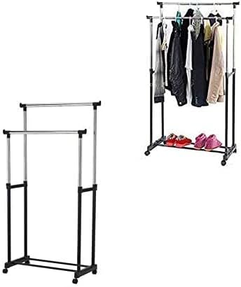Double Rail Garment Rack, Adjustable Metal Coat Hanger Storage Unit with Wheels and Bottom Shelf, Mobile Clothing Display Organiser Stand for Home Shop Bedroom (Double Rail)_1_image