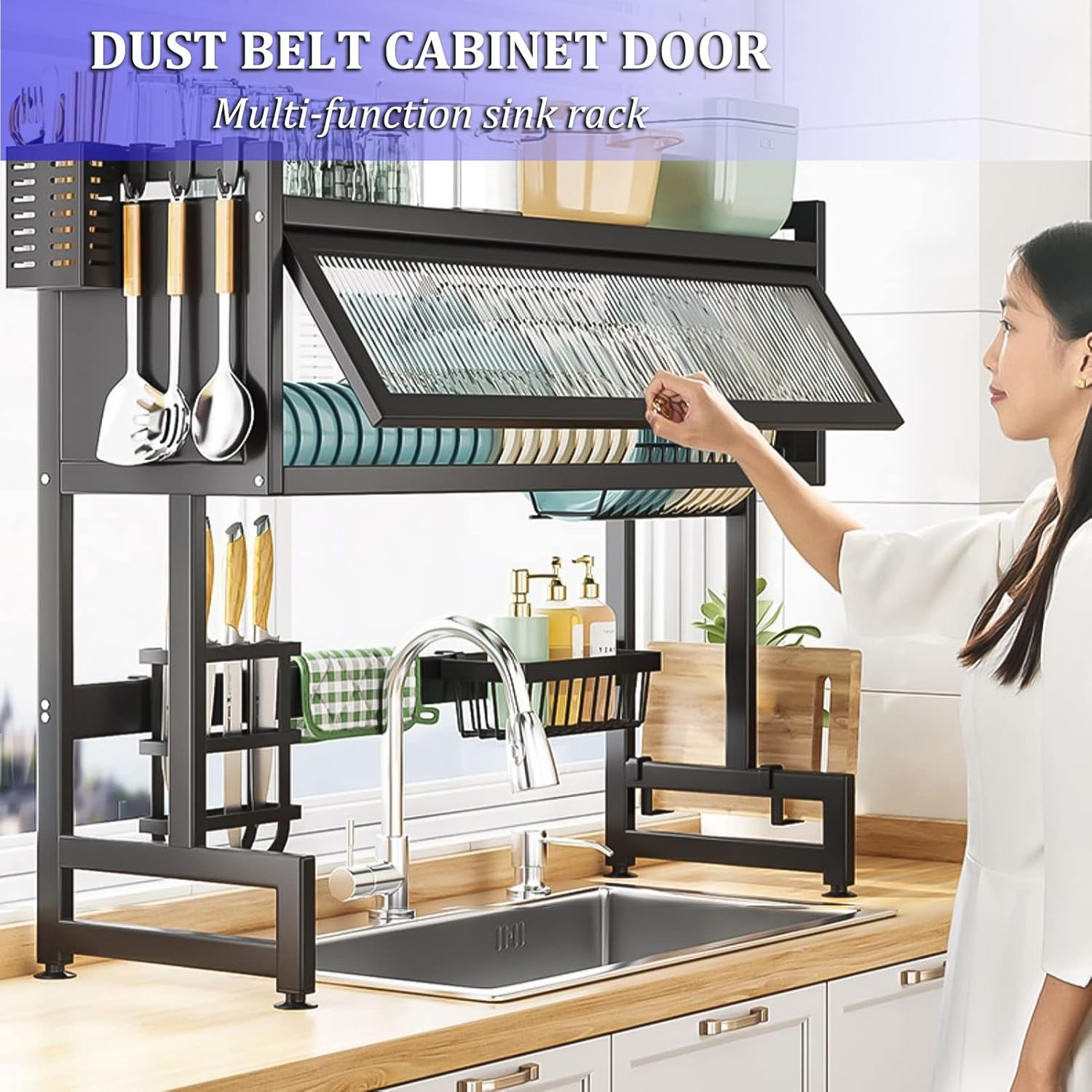 2-Tier Dish Drainer,Over The Sink Drying Rack, with Cutting Board Holder, Large for Kitchen Counter 75x30x80cm_4_image