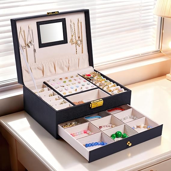 3 Layer Jewelry Box, Lockable Jewelry Holder Organizer with Jewelry Drawer, Large Jewelry Boxes & Organizer with Velvet Earring Storage, Unique Gifts for Women Mom_5_image