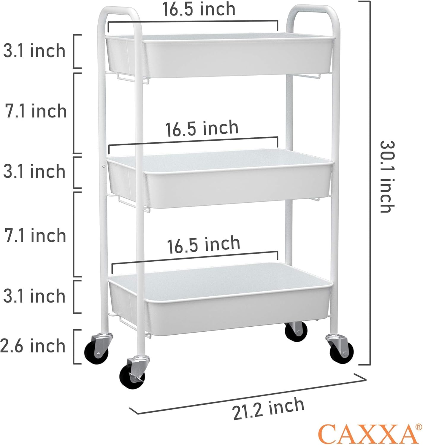 CAXXA 3-Tier Rolling Metal Storage Organizer - Mobile Utility Cart Kitchen Cart with Caster Wheels, White_2_image
