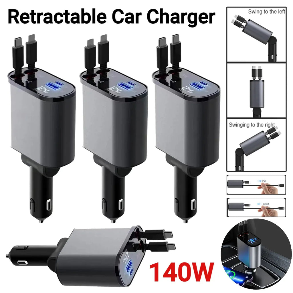 120W 4 IN 1 Retractable Car Charger Fast Charge Cord Cigarette Lighter Adapter_1_image