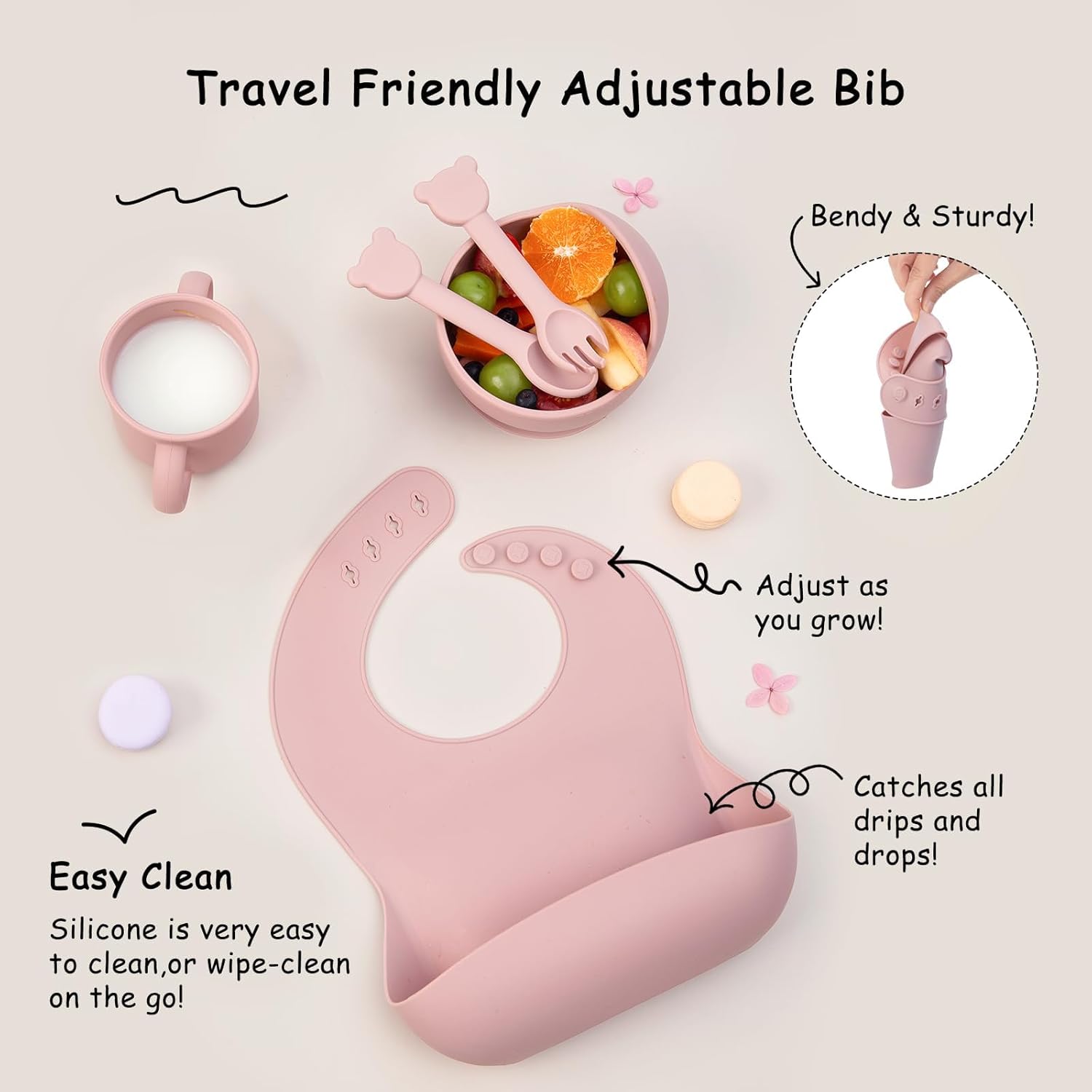 Baby Feeding Set, 13PCS Silicone Baby Self Feeding Set, Toddler Led Weaning Utensils Set with Suction Bowl and Plate, 3 Set of Baby Spoon and Fork, Adjustable Bid, Sippy Cup with Straw and 2 Lids_7_image