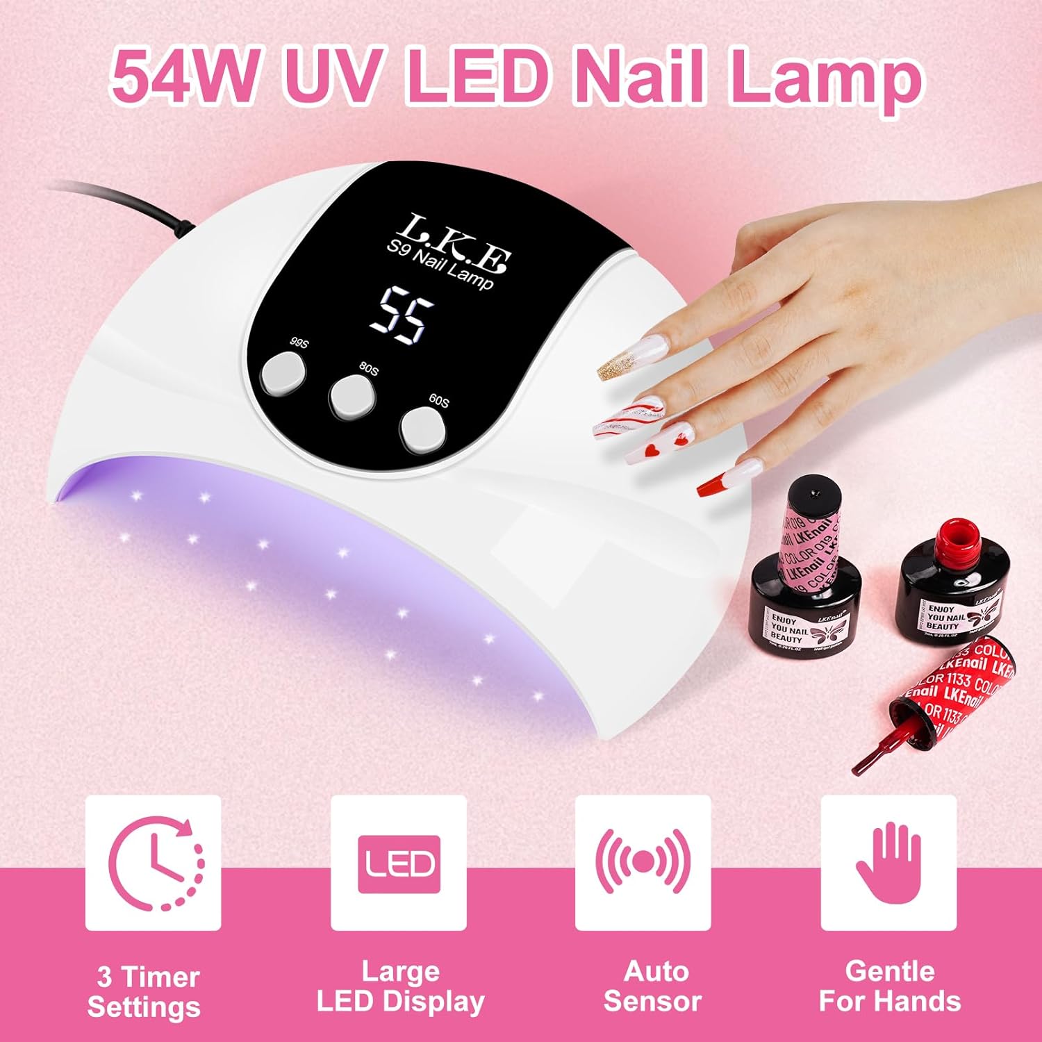 "UV Light for Gel Nails, LKE 54W UV LED Nail Lamp with 18 Beads 3 Timer Setting & Auto Sensor Nail Dryer for Gel Polish Polygel Fast Curing Manicure Professional Nail Dryer Home Salon Nail Tools "_1_image