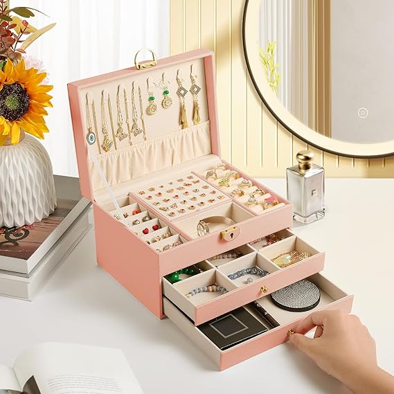 3 Layer Jewelry Box, Lockable Jewelry Holder Organizer with Jewelry Drawer, Large Jewelry Boxes & Organizer with Velvet Earring Storage, Unique Gifts for Women Mom_6_image