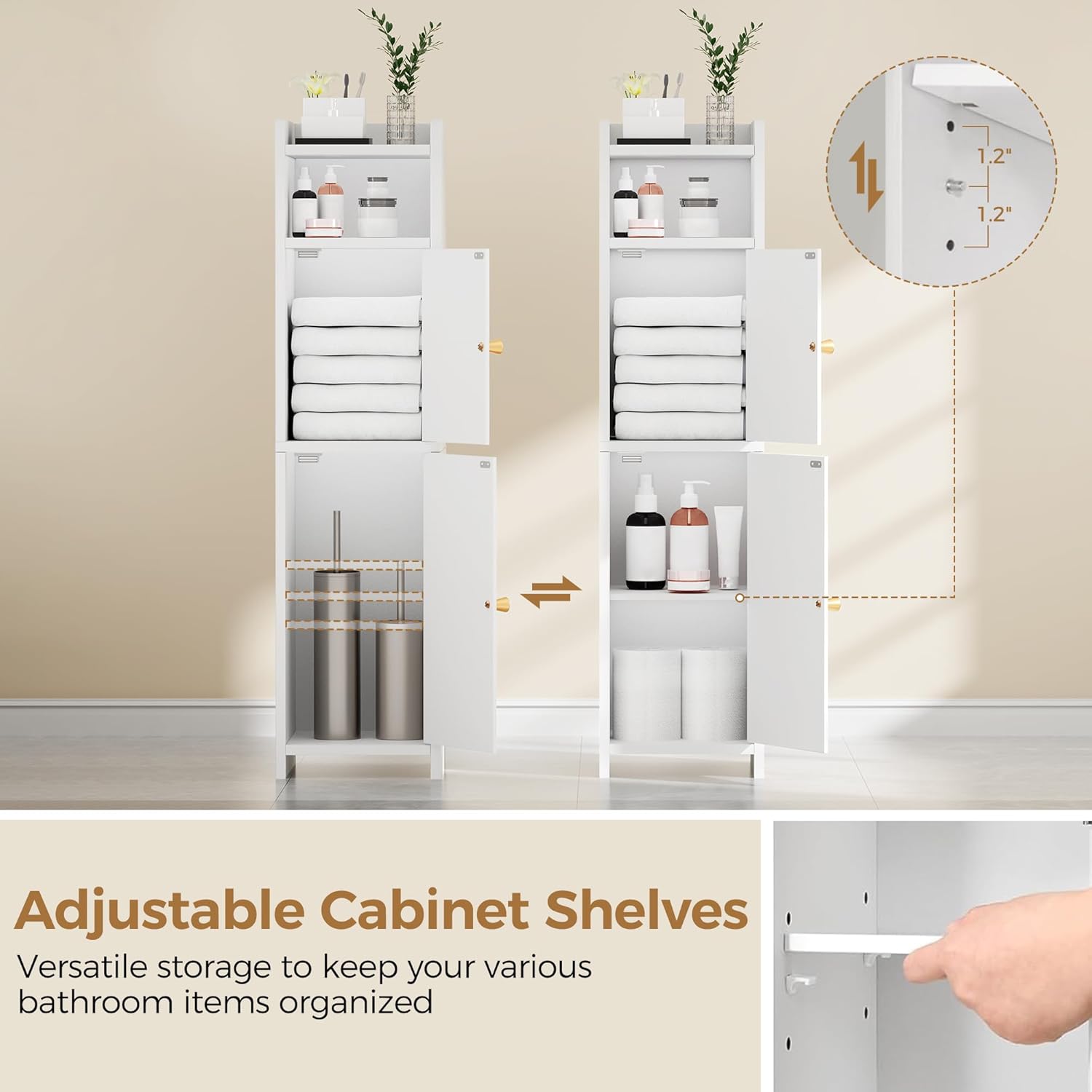 BEWISHOME Small Bathroom Cabinet, Bathroom Storage Cabinet with Adjustable Shelves & 2 Doors, Narrow Toilet Paper Cabinets, 7.9 x 7.9 x 31.5 Inches, for Small Spaces, White YYG03W_2_image