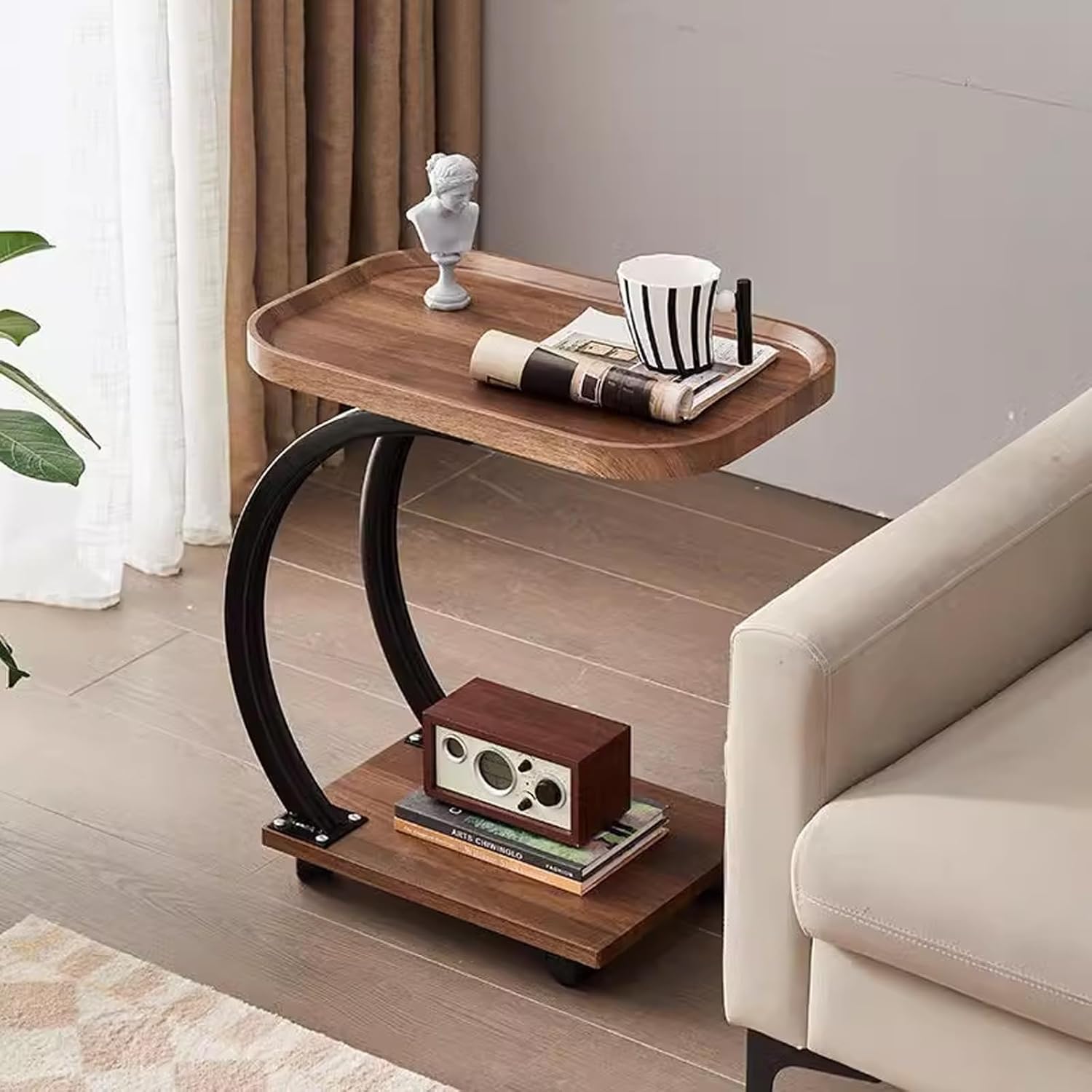 C Shaped End Table, Bed Side Table with Wheels, Slide Under Sofa Table, 2 Layer of Storage Space, for Coffee Laptop Living Room Bedroom Small Space(Double Stents)_0_image
