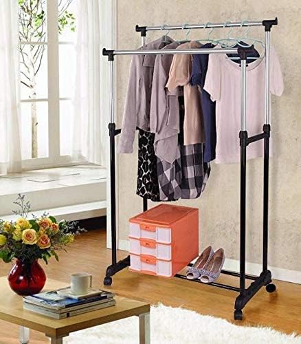 Double Rail Garment Rack, Adjustable Metal Coat Hanger Storage Unit with Wheels and Bottom Shelf, Mobile Clothing Display Organiser Stand for Home Shop Bedroom (Double Rail)_4_image