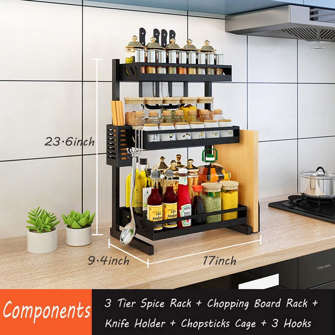 Adjustable Metal Spice Rack | Sturdy Carbon Steel, Multipurpose Countertop Storage Organizer with Tiered Shelves and Hooks, Ideal for Kitchen Essentials_0_image