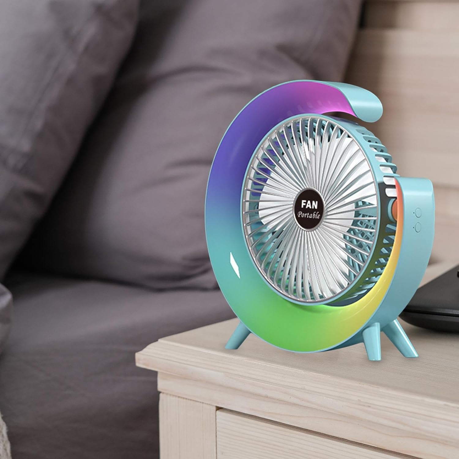 Premium Quality Portable Desktop Table Fan with Lamp-Adjustable Tilt with Powerfull Fan,3 Speeds,5 Lighting Modes-Desk Fan and Lamp for Summer (Sky Blue)_3_image