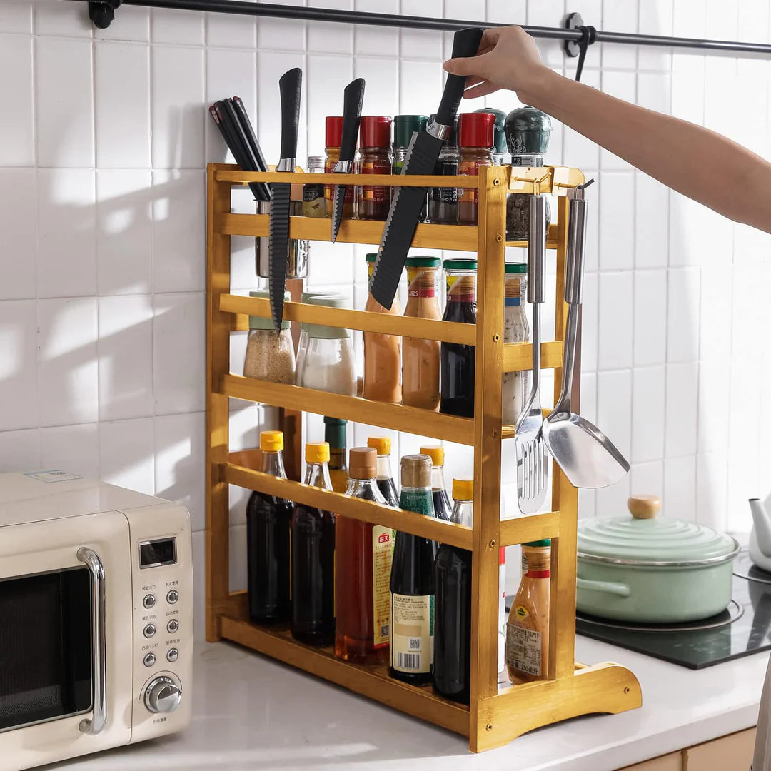 Adjustable Metal Spice Rack | Sturdy Carbon Steel, Multipurpose Countertop Storage Organizer with Tiered Shelves and Hooks, Ideal for Kitchen Essentials_2_image