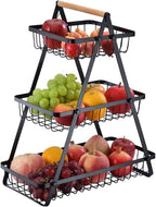 "2-3 Tier Countertop Fruit Storage Basket, Vegetable Rack Bread Display Stand for Kitchen, Black "_8_image
