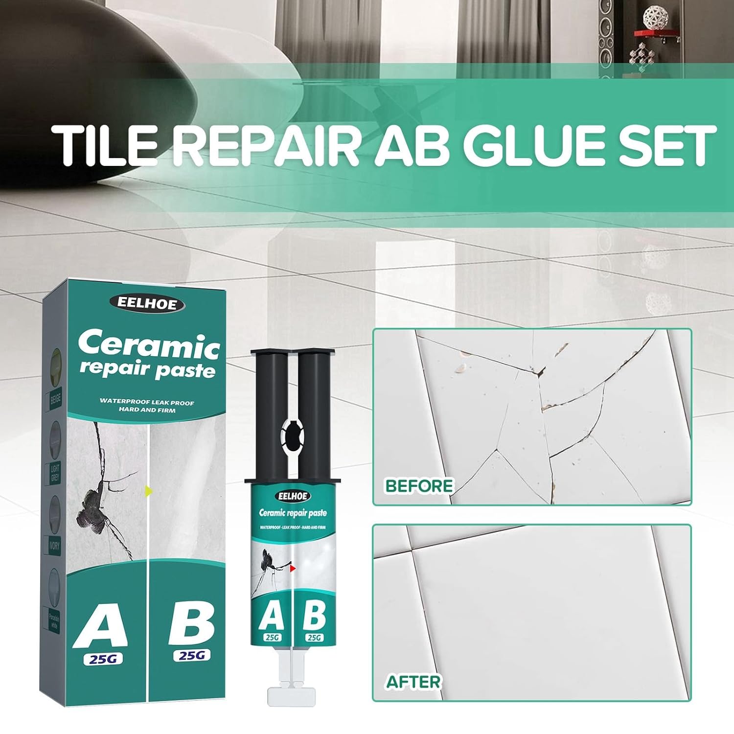 Ceramic Tile Repair Paste Ceramic Tile Repair Small Holes Ceramic Tile Repair Kit AB Mix Paste Tile Adhesive Porcelain Sink Repair Kit White_3_image