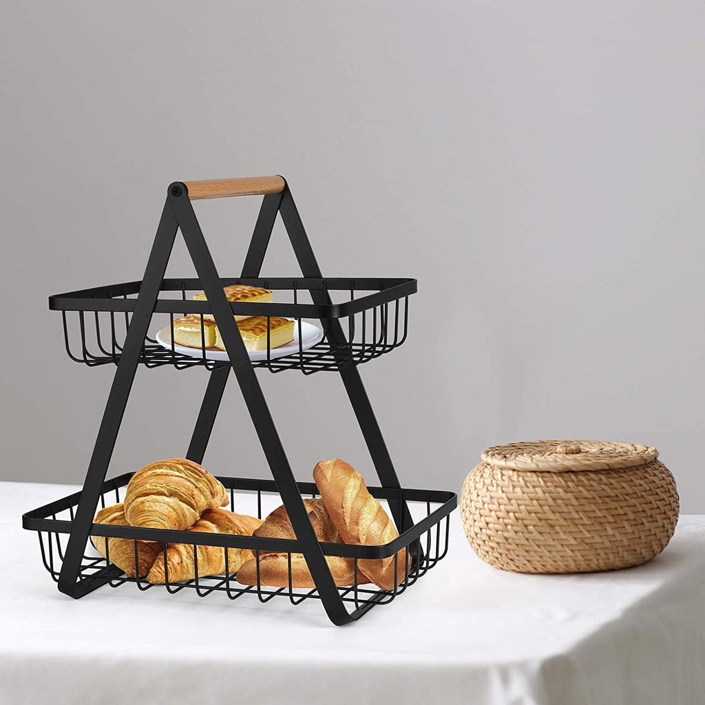 "2-3 Tier Countertop Fruit Storage Basket, Vegetable Rack Bread Display Stand for Kitchen, Black "_2_image