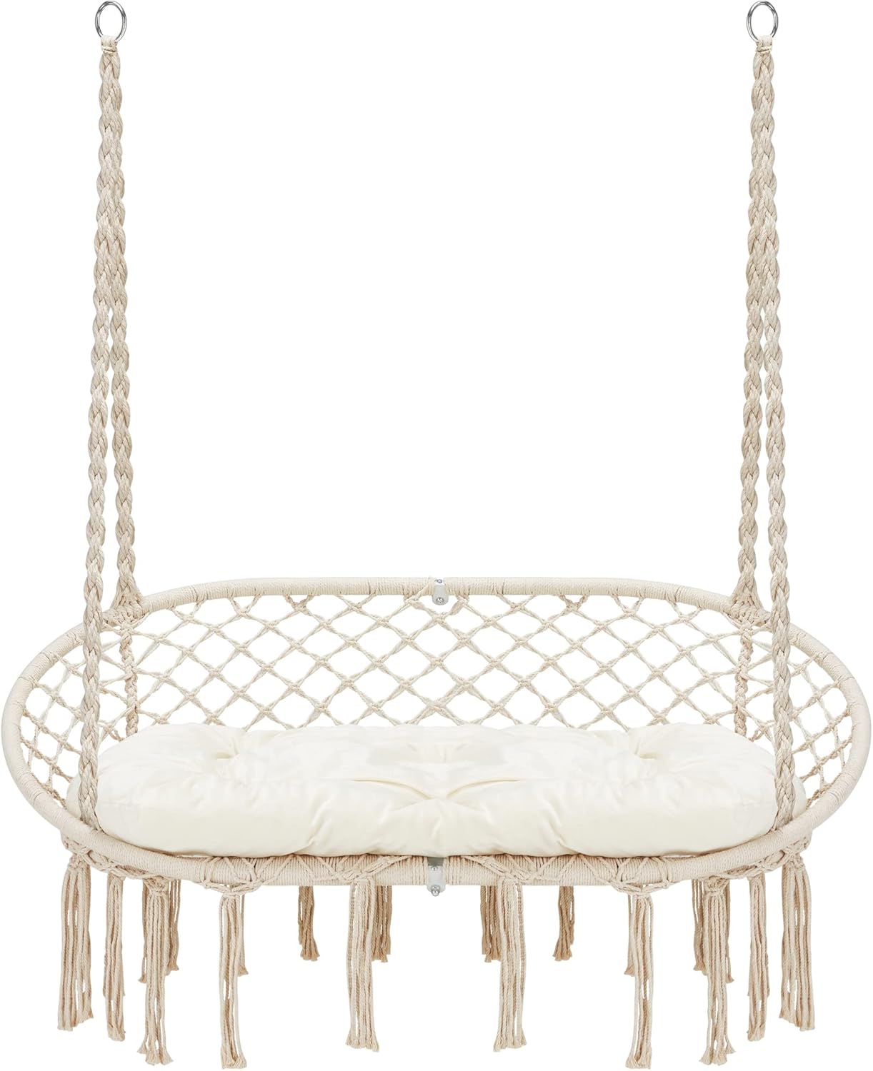 Hammock Chair Macrame Hanging Swing with Cushion,Hanging Cotton Ropes, Metal Frame, 450 lbs Capacity Indoor Outdoor, Patio, Balcony, Living,Deck, Yard, Garden(Double Swing) Beige_2_image