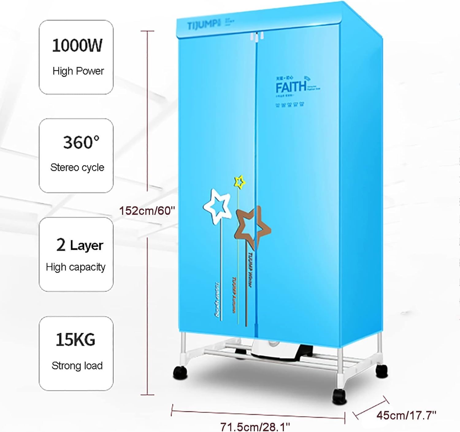 Electric Portable Clothes Airer Dryer 1000W Heated Laundry Drying Rack Machine Large Capacity 15kg Double Layer Dryer Energy Efficient, Low Energy, Stainless Steel, For Living Room,Apartment_2_image