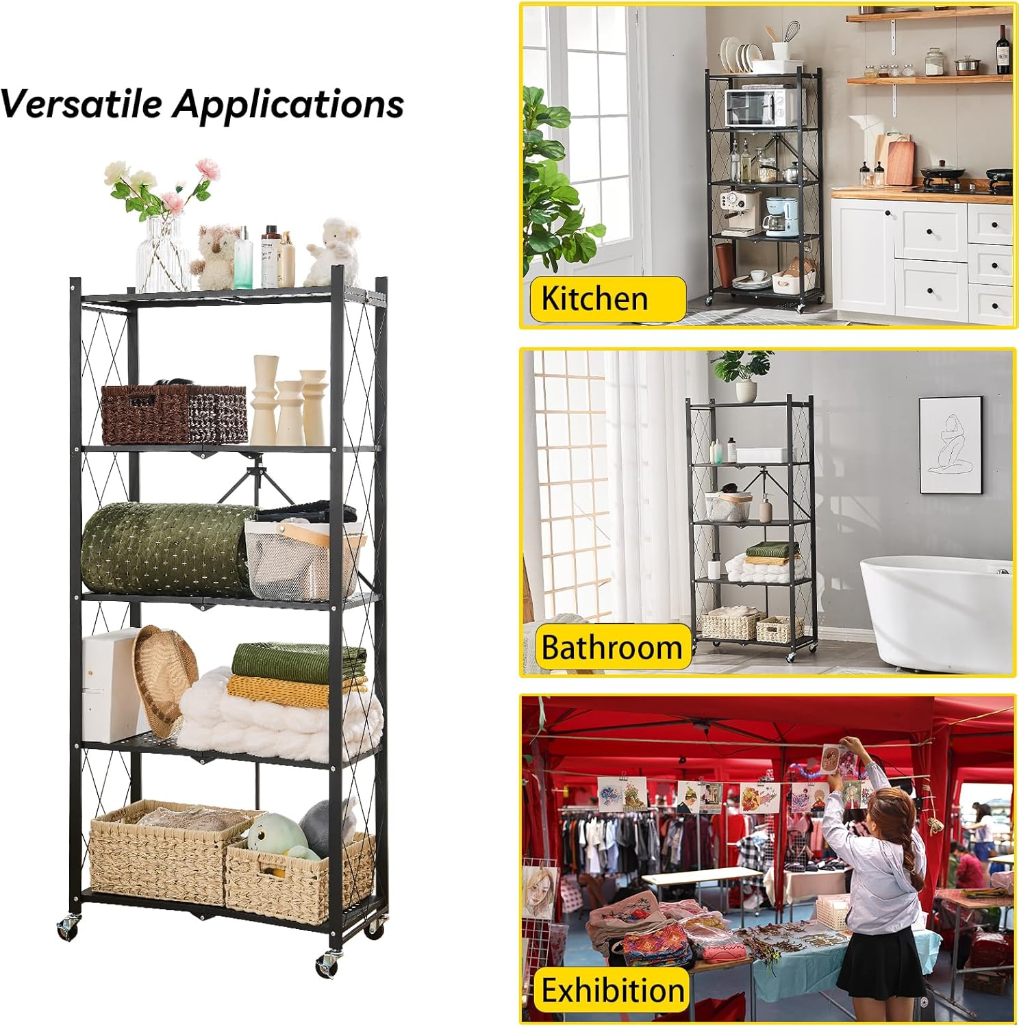 BRIAN & DANY 5-Tier Foldable Storage Shelves with Wheels, Folding Metal Rack Shelving Unit, Heavy Duty No Assembly Organizer Shelf for Garage, Kitchen, Basement, Pantry, Black_1_image