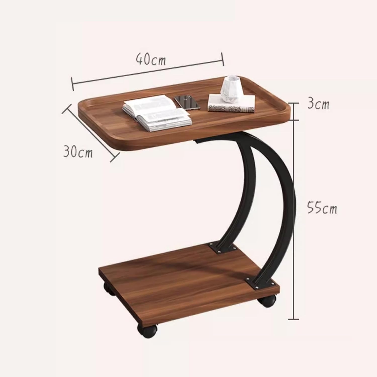 C Shaped End Table, Bed Side Table with Wheels, Slide Under Sofa Table, 2 Layer of Storage Space, for Coffee Laptop Living Room Bedroom Small Space(Double Stents)_2_image