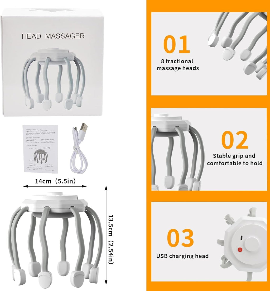 Azonee Hair Scalp Massager with 8 Vibrating Contacts, Rechargeable Portable Head Massager for Pain and Anxiety Relief, Stress Relax, Tension, Relaxation, Deep Sleep, Multidimensional relaxation, White_1_image