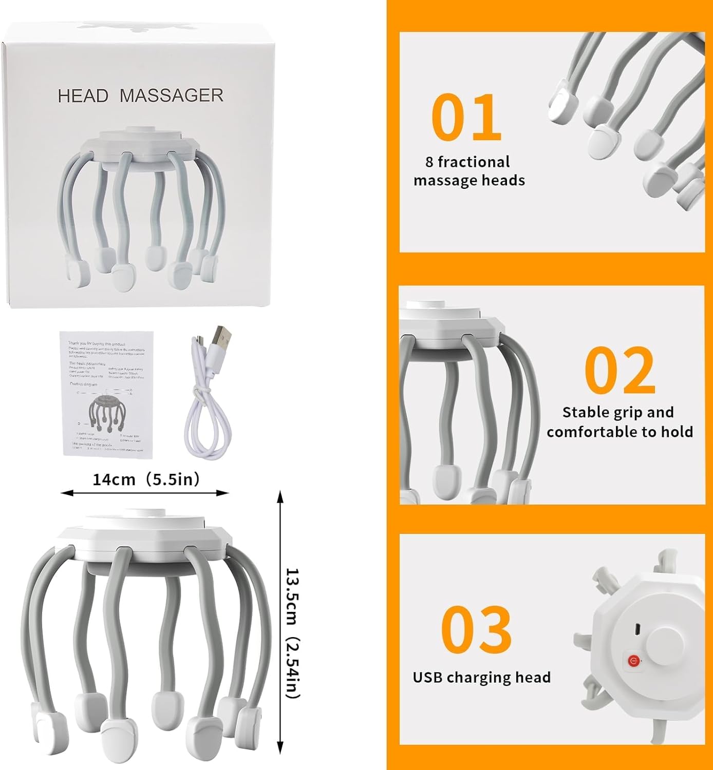 Azonee Hair Scalp Massager with 8 Vibrating Contacts, Rechargeable Portable Head Massager for Pain and Anxiety Relief, Stress Relax, Tension, Relaxation, Deep Sleep, Multidimensional relaxation, White_1_image