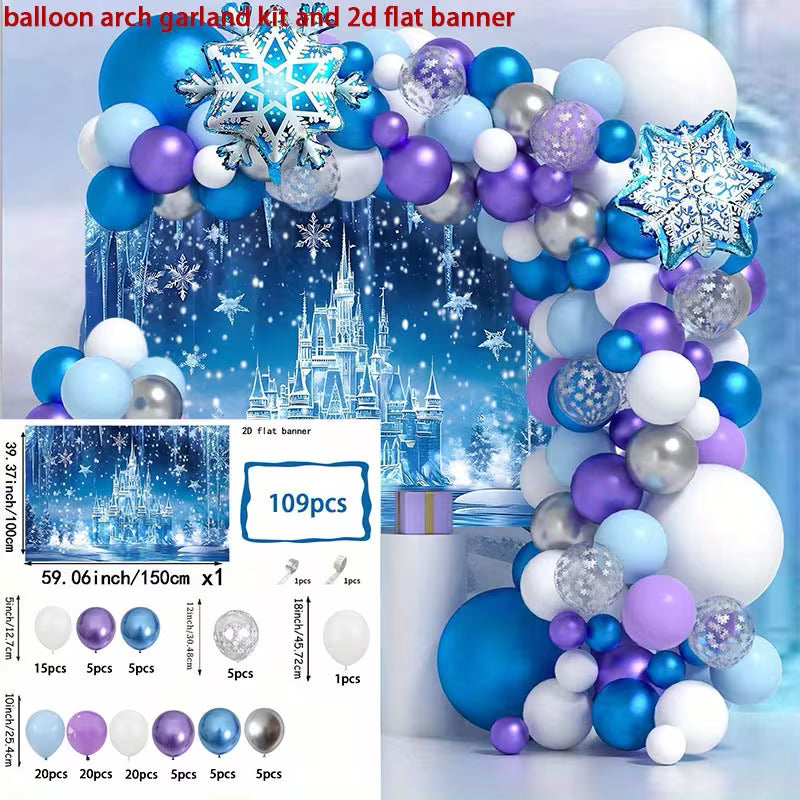 2D flat banner and balloon garland kit, 109pcs Snowflake Themed Balloon Garland Kit, with White Blue Purple Metallic Blue Balloons and 2D Flat Background Banner for Shower, Bridal Shower, Snowflake Themed Birthday Party, Anniversary Decorations., 2D Flat
