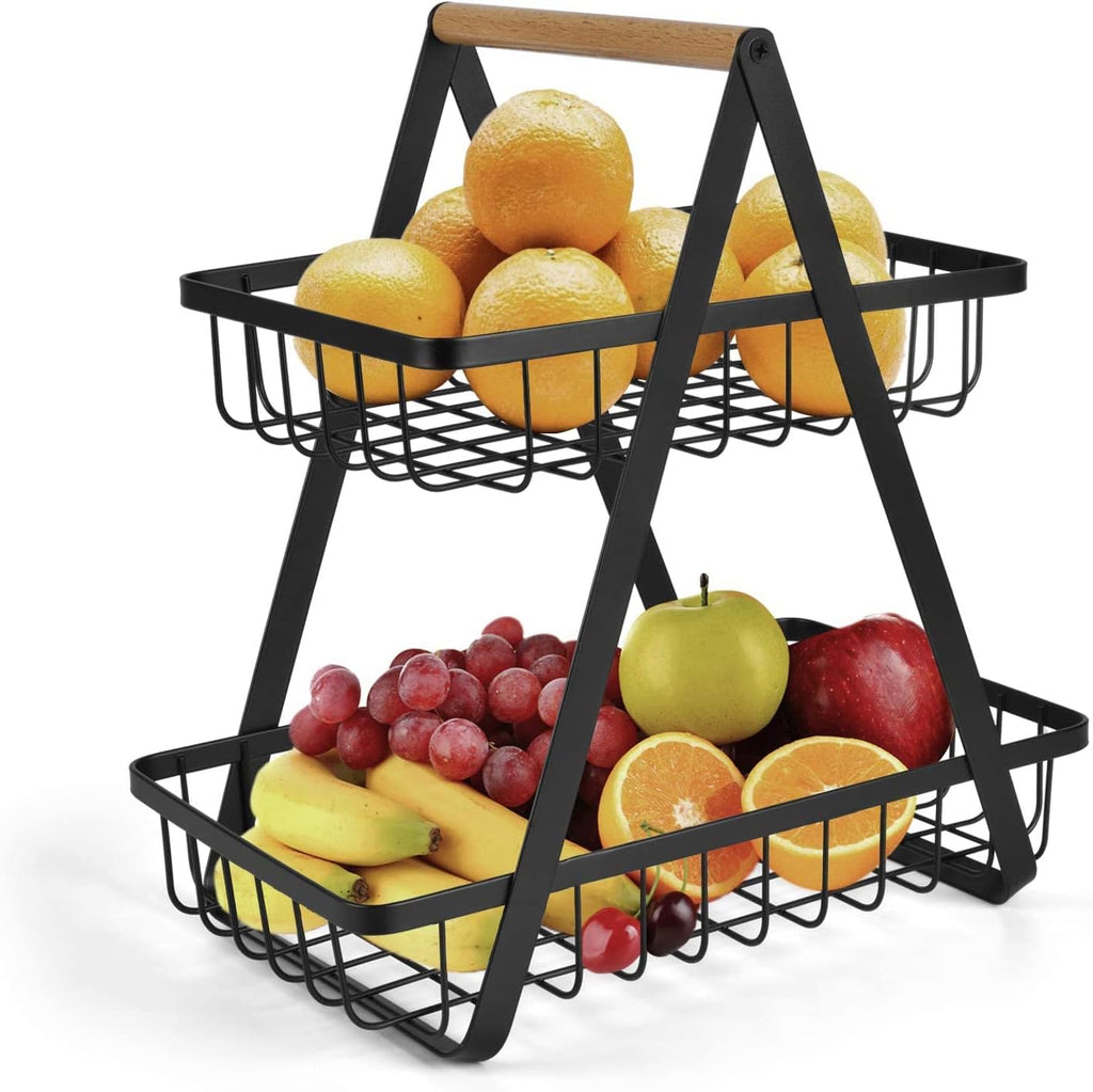 "2-3 Tier Countertop Fruit Storage Basket, Vegetable Rack Bread Display Stand for Kitchen, Black "_4_image