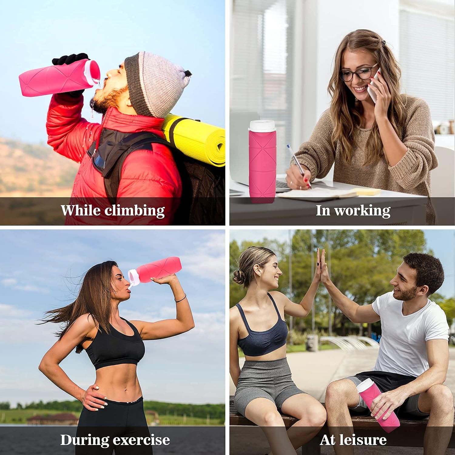 SPECIAL MADE Collapsible Water Bottles Cups Leakproof Valve Reusable BPA Free Silicone Foldable Travel Water Bottle Cup for Gym Camping Hiking Travel Sports Lightweight Durable (Type2 Pink)_4_image