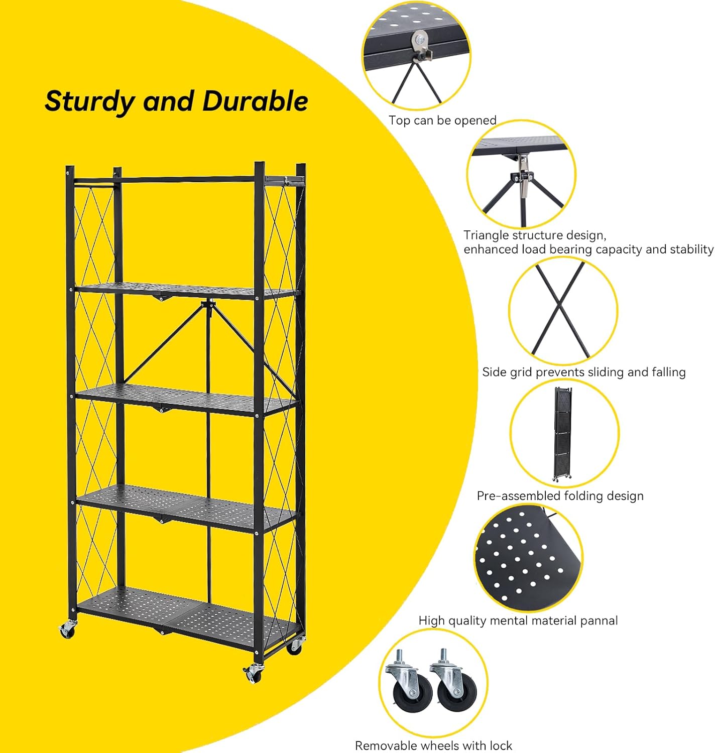 BRIAN & DANY 5-Tier Foldable Storage Shelves with Wheels, Folding Metal Rack Shelving Unit, Heavy Duty No Assembly Organizer Shelf for Garage, Kitchen, Basement, Pantry, Black_0_image