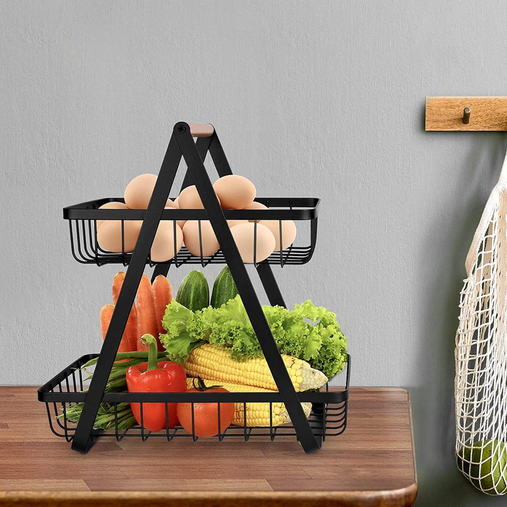 "2-3 Tier Countertop Fruit Storage Basket, Vegetable Rack Bread Display Stand for Kitchen, Black "_6_image