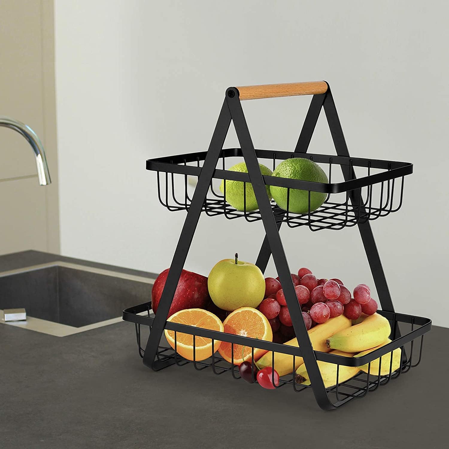 "2-3 Tier Countertop Fruit Storage Basket, Vegetable Rack Bread Display Stand for Kitchen, Black "_3_image
