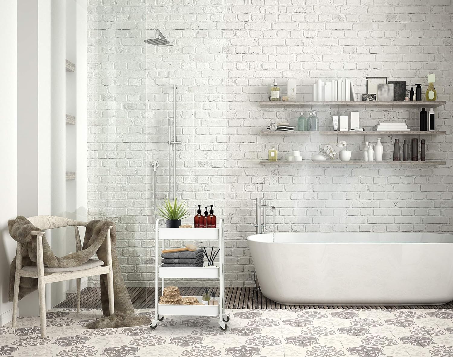 CAXXA 3-Tier Rolling Metal Storage Organizer - Mobile Utility Cart Kitchen Cart with Caster Wheels, White_8_image