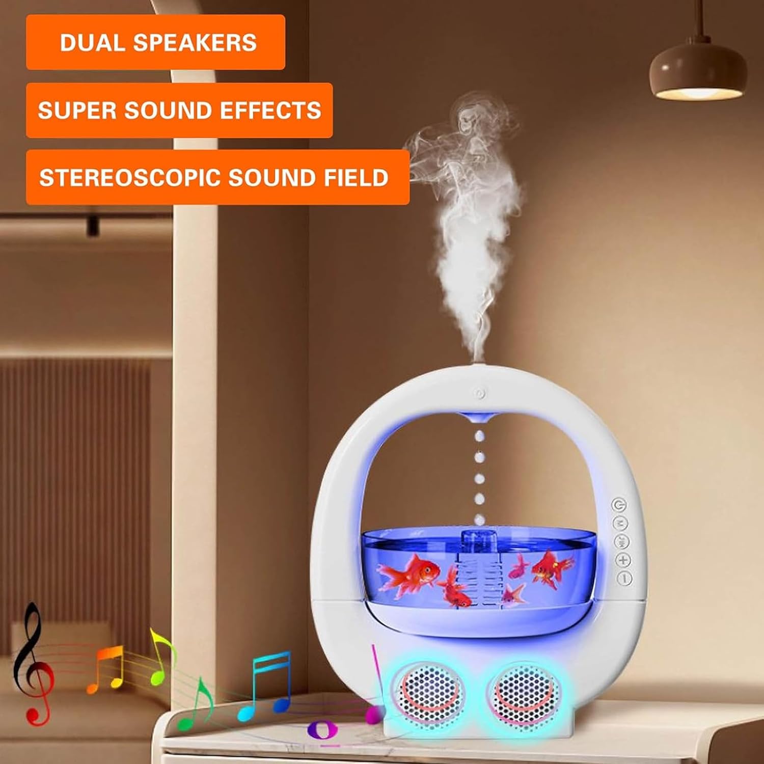 Anti Cool Mist Humidifiers for Bedroom Office, Desktop Humidifier Essential Oil Diffuser White Noise High Mist Humidifier with Fish Tank Ambient Light Dual Speaker (White)(White)_2_image