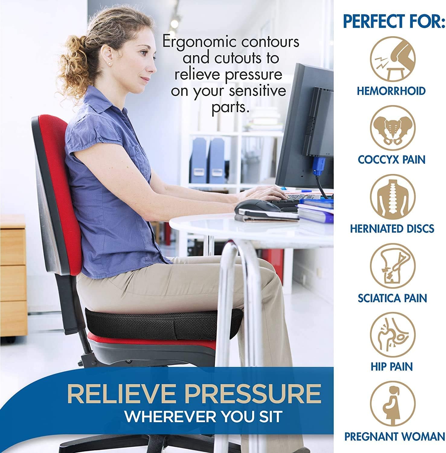 LUNAVY Memory Foam Seat Cushion for Office Chairs - Ergonomic Desk Chair Cushion for Car Seat Driver - Comfort Computer Chair Cushion - Sciatica Pillow for Sitting_1_image