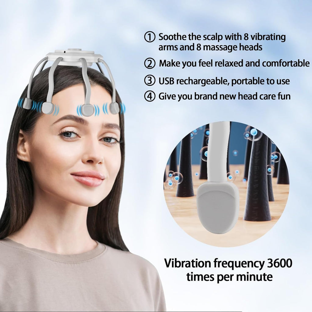 Azonee Hair Scalp Massager with 8 Vibrating Contacts, Rechargeable Portable Head Massager for Pain and Anxiety Relief, Stress Relax, Tension, Relaxation, Deep Sleep, Multidimensional relaxation, White_3_image