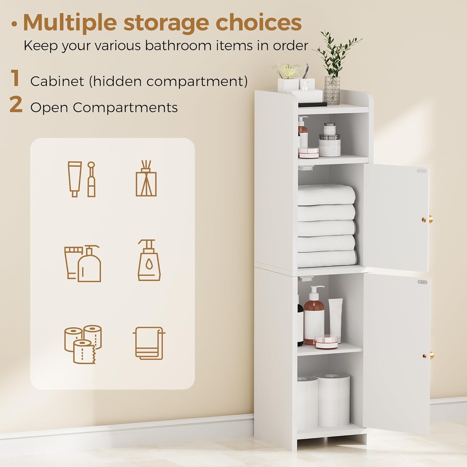 BEWISHOME Small Bathroom Cabinet, Bathroom Storage Cabinet with Adjustable Shelves & 2 Doors, Narrow Toilet Paper Cabinets, 7.9 x 7.9 x 31.5 Inches, for Small Spaces, White YYG03W_4_image