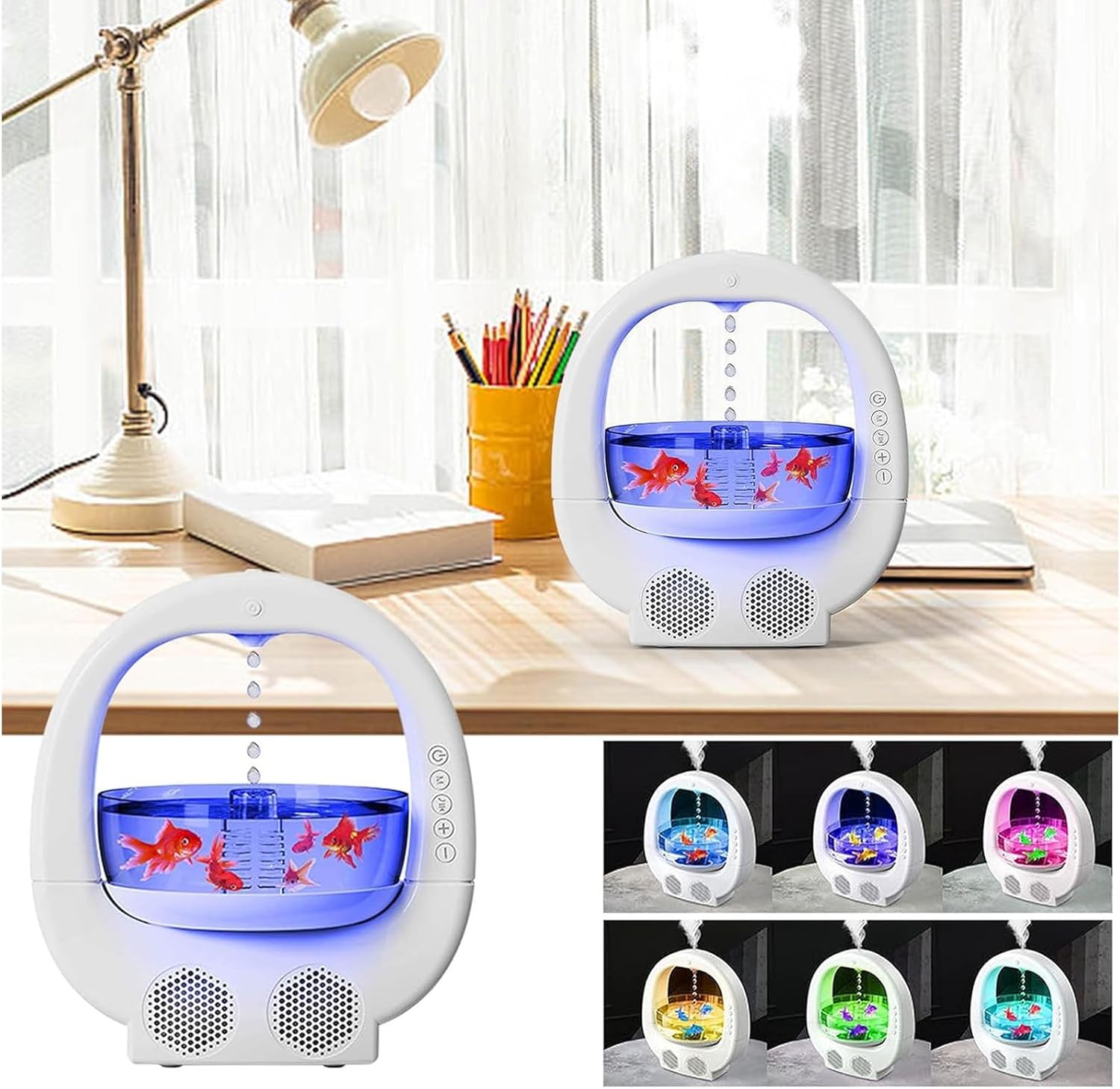 Anti Cool Mist Humidifiers for Bedroom Office, Desktop Humidifier Essential Oil Diffuser White Noise High Mist Humidifier with Fish Tank Ambient Light Dual Speaker (White)(White)_0_image