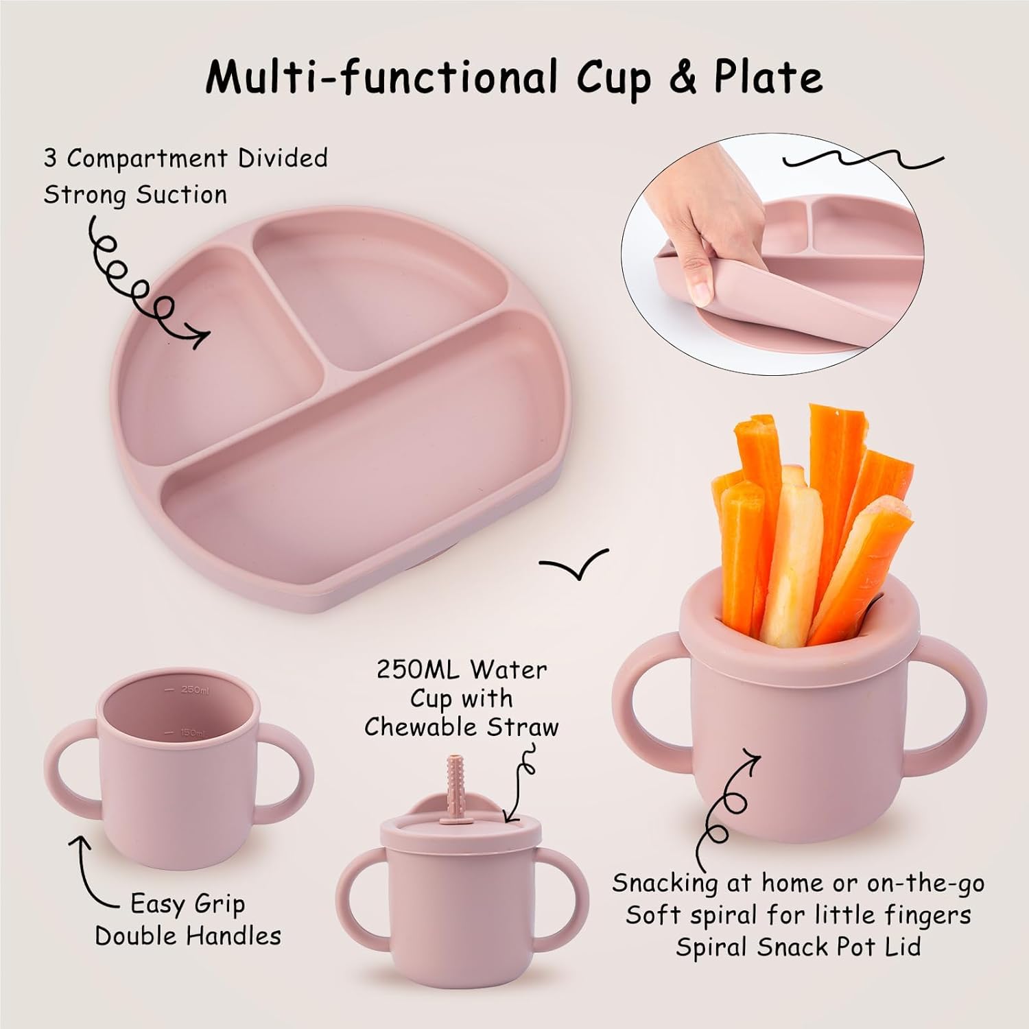 Baby Feeding Set, 13PCS Silicone Baby Self Feeding Set, Toddler Led Weaning Utensils Set with Suction Bowl and Plate, 3 Set of Baby Spoon and Fork, Adjustable Bid, Sippy Cup with Straw and 2 Lids_4_image