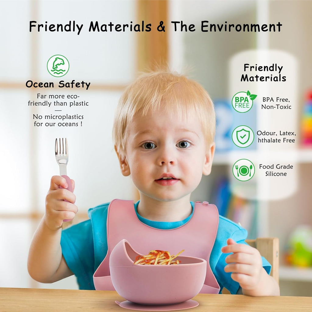 Baby Feeding Set, 13PCS Silicone Baby Self Feeding Set, Toddler Led Weaning Utensils Set with Suction Bowl and Plate, 3 Set of Baby Spoon and Fork, Adjustable Bid, Sippy Cup with Straw and 2 Lids_5_image