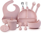 Baby Feeding Set, 13PCS Silicone Baby Self Feeding Set, Toddler Led Weaning Utensils Set with Suction Bowl and Plate, 3 Set of Baby Spoon and Fork, Adjustable Bid, Sippy Cup with Straw and 2 Lids_0_image