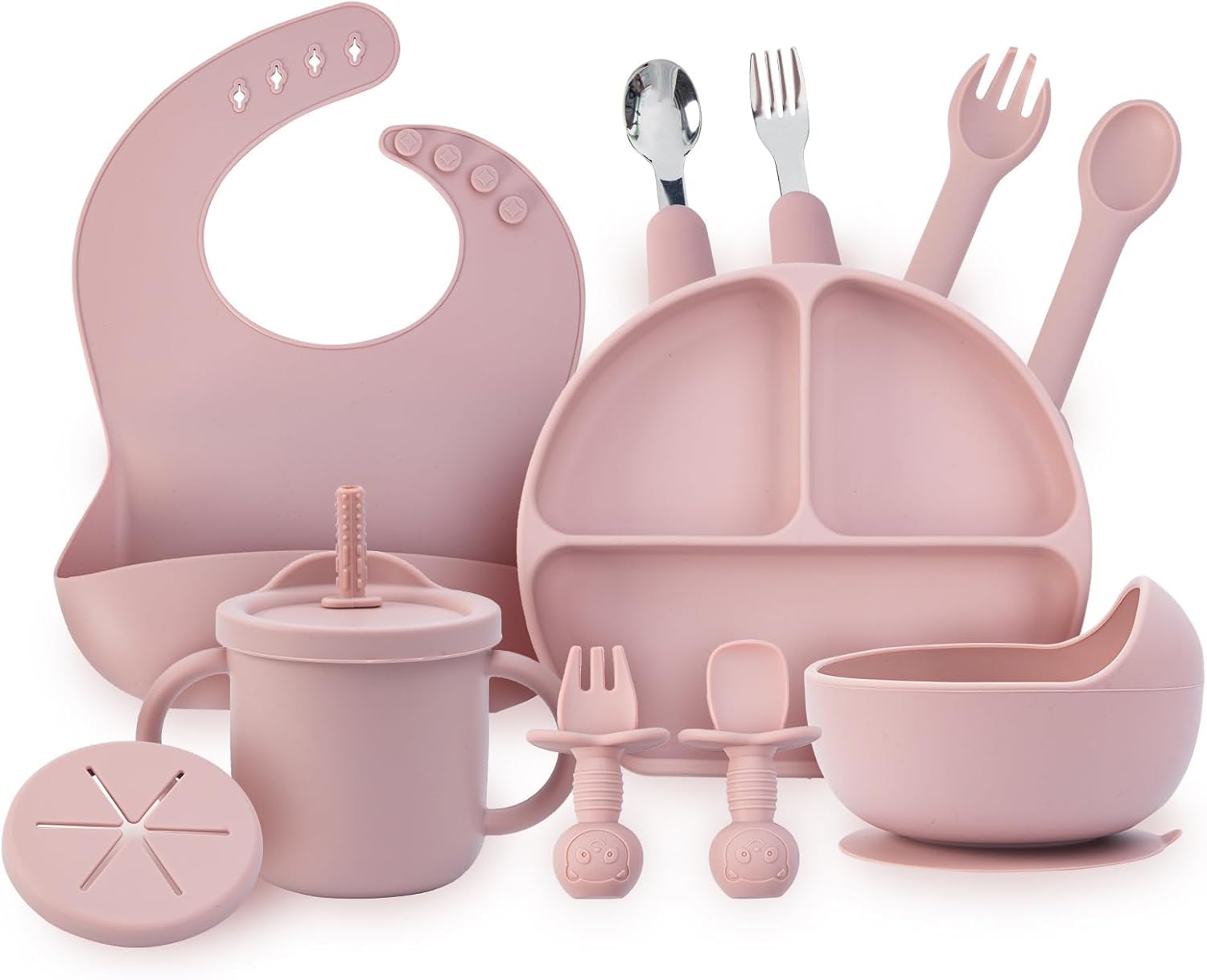 Baby Feeding Set, 13PCS Silicone Baby Self Feeding Set, Toddler Led Weaning Utensils Set with Suction Bowl and Plate, 3 Set of Baby Spoon and Fork, Adjustable Bid, Sippy Cup with Straw and 2 Lids_0_image