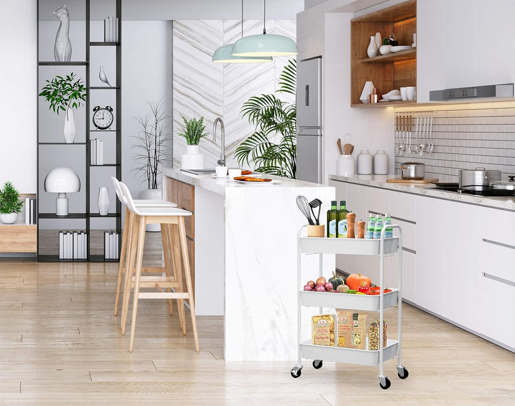 CAXXA 3-Tier Rolling Metal Storage Organizer - Mobile Utility Cart Kitchen Cart with Caster Wheels, White_4_image