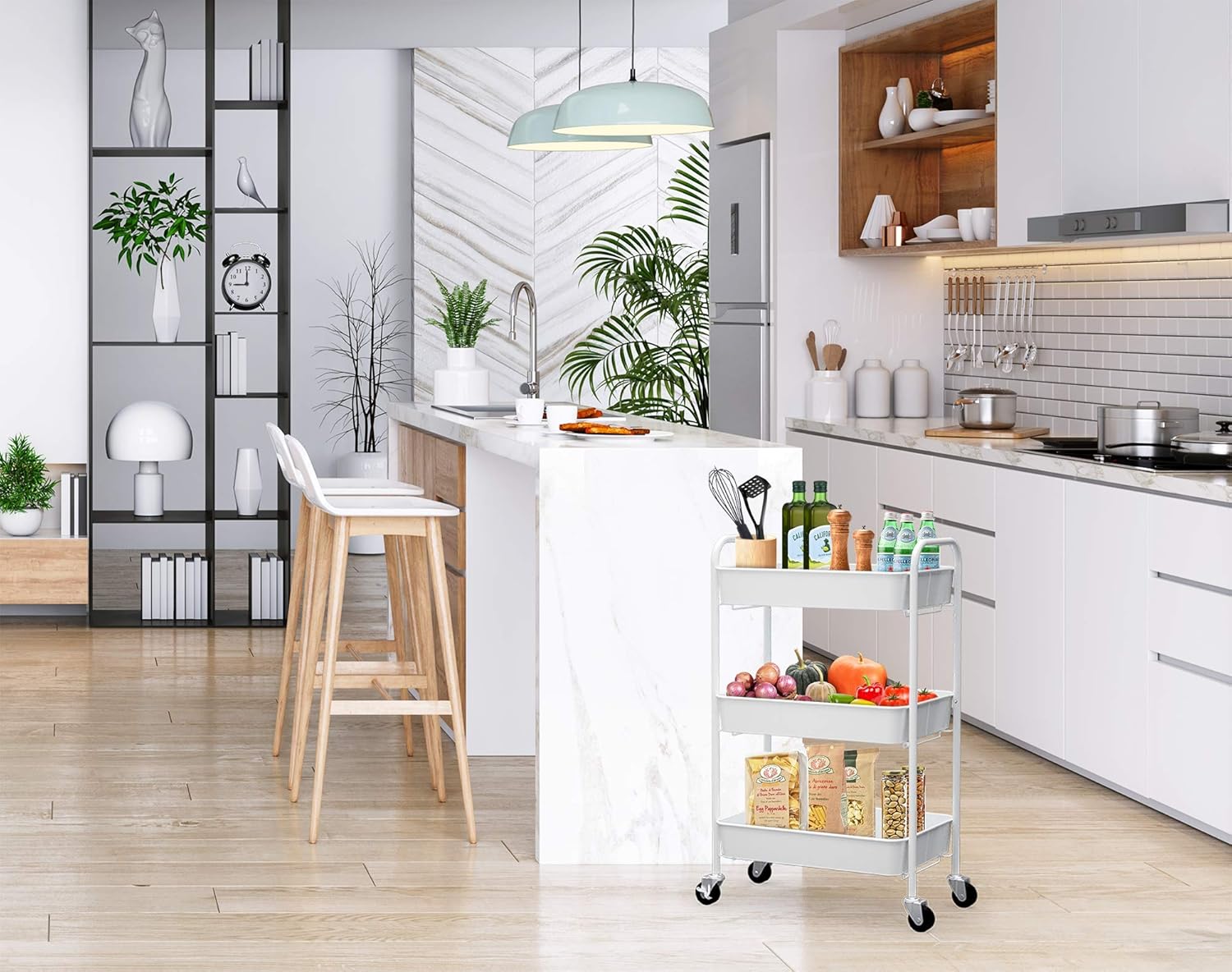 CAXXA 3-Tier Rolling Metal Storage Organizer - Mobile Utility Cart Kitchen Cart with Caster Wheels, White_4_image